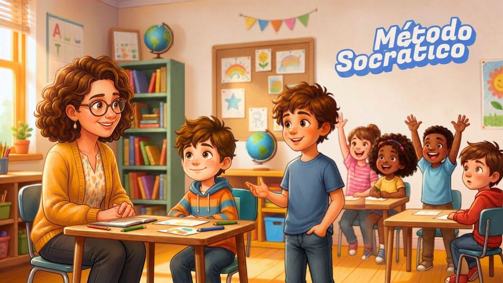 Profesora escuchando a un niño que levanta la mano con seguridad, representando el efecto de la mayéutica en el método de Sócrates para niños.