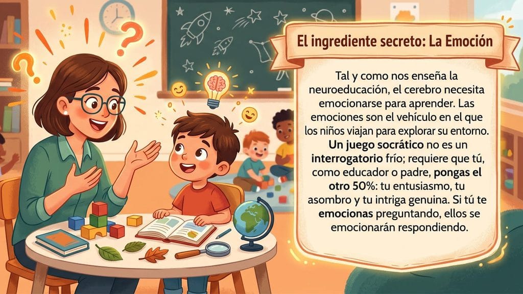 Profesora sonriendo junto a un niño en un aula amarilla, aplicando el método de Sócrates para niños mediante un juego de preguntas emocionales.