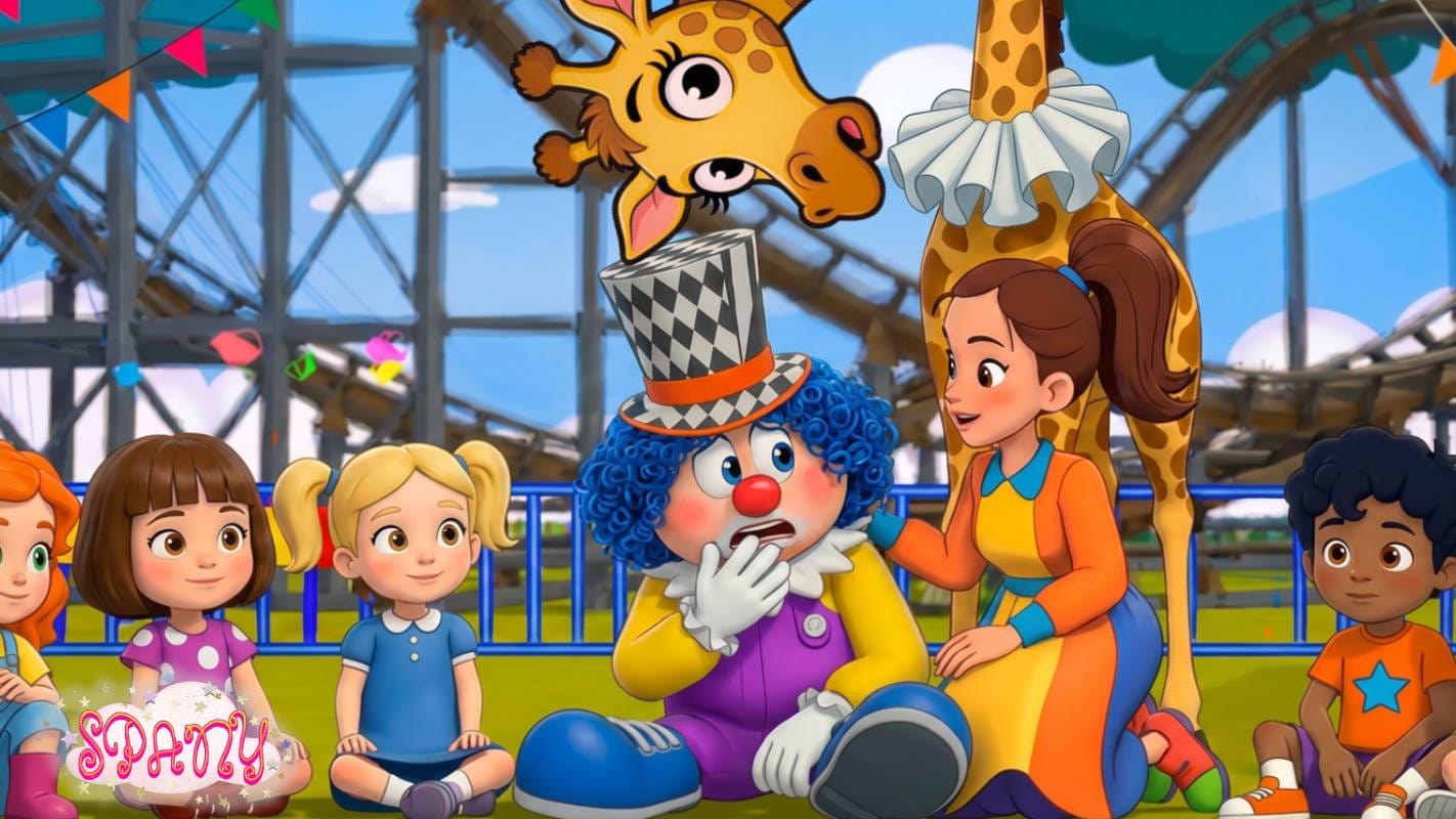 Metodología Educativa infantil el payaso serafin sentado con sus amigos, en el parque de atracciones, compartiendo sus sentimientos de miedo.