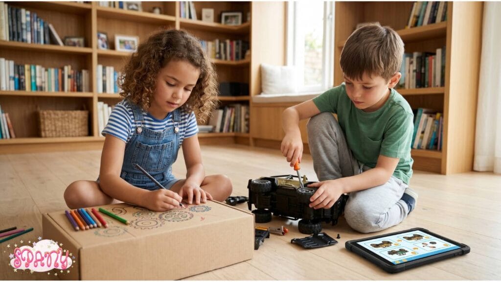 Niños usando el pensamiento crítico: una niña dibuja mecanismos en una caja de cartón y un niño desmonta un coche de juguete 4x4 siguiendo una guía en la tablet.